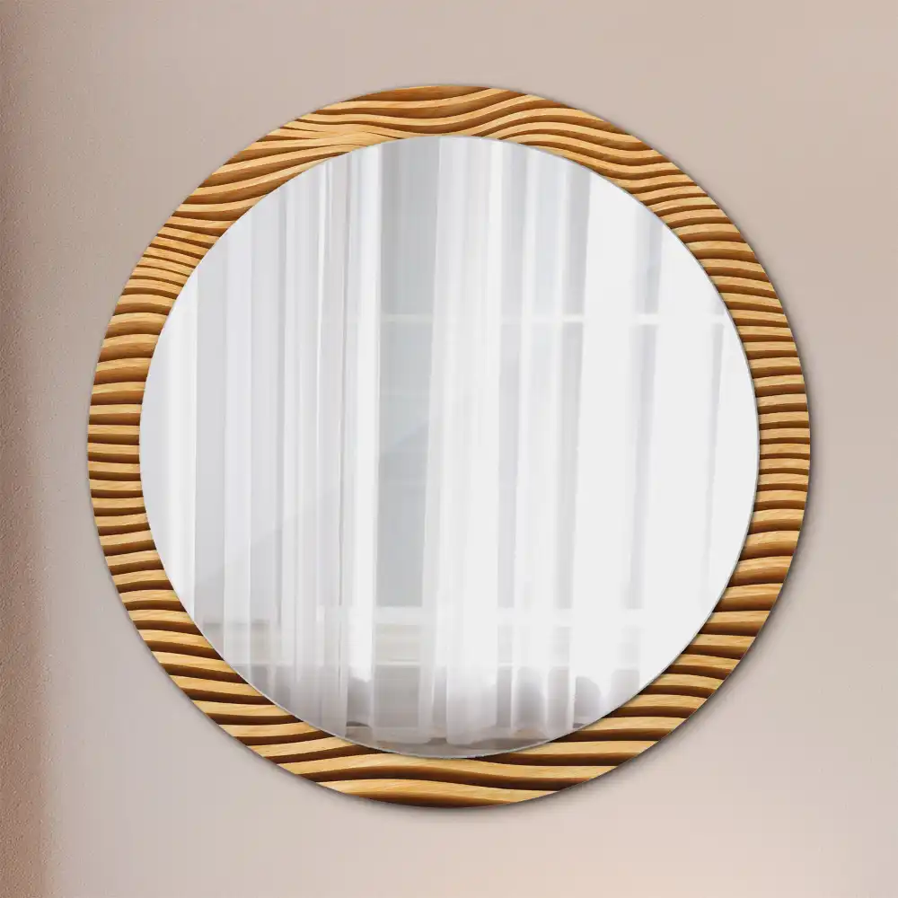 Miroir rond cadre imprimé vague en bois