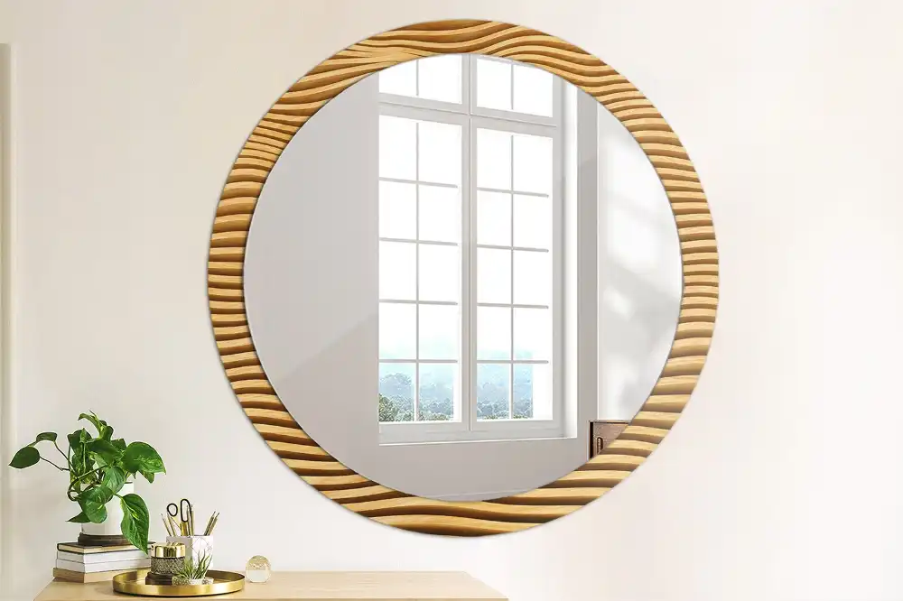 Miroir rond cadre imprimé vague en bois