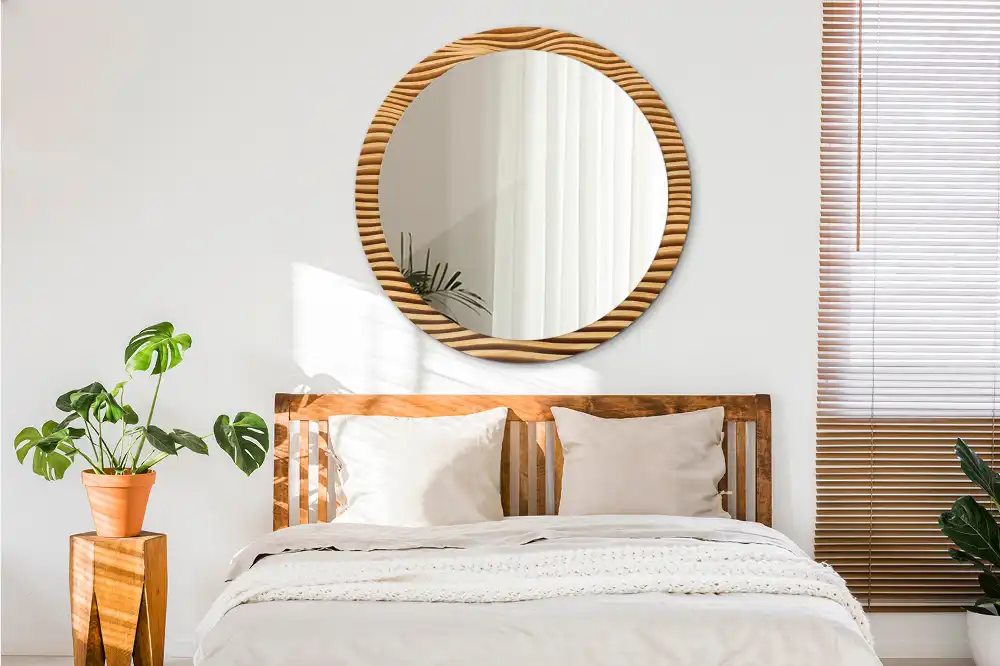 Miroir rond cadre imprimé vague en bois