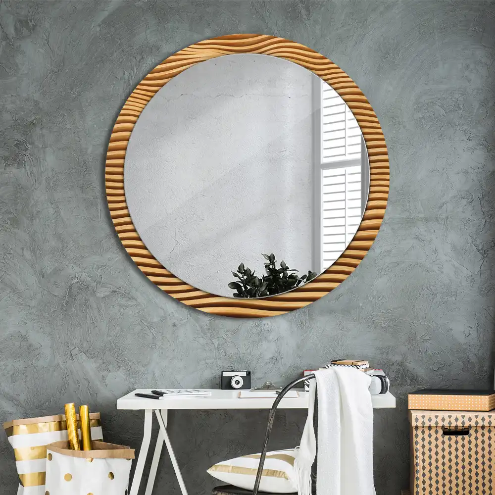 Miroir rond cadre imprimé vague en bois