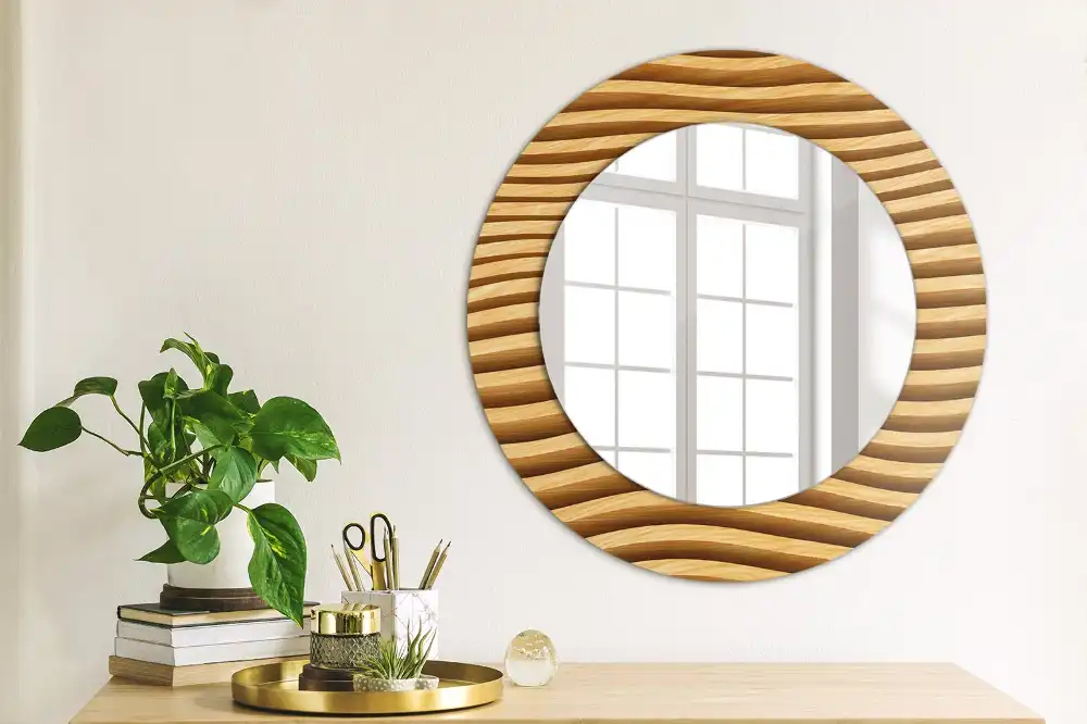 Miroir rond cadre imprimé vague en bois