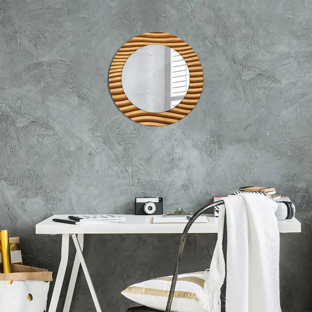 Miroir rond cadre imprimé vague en bois