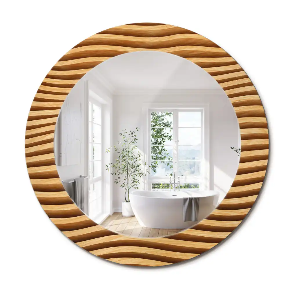 Miroir rond cadre imprimé vague en bois