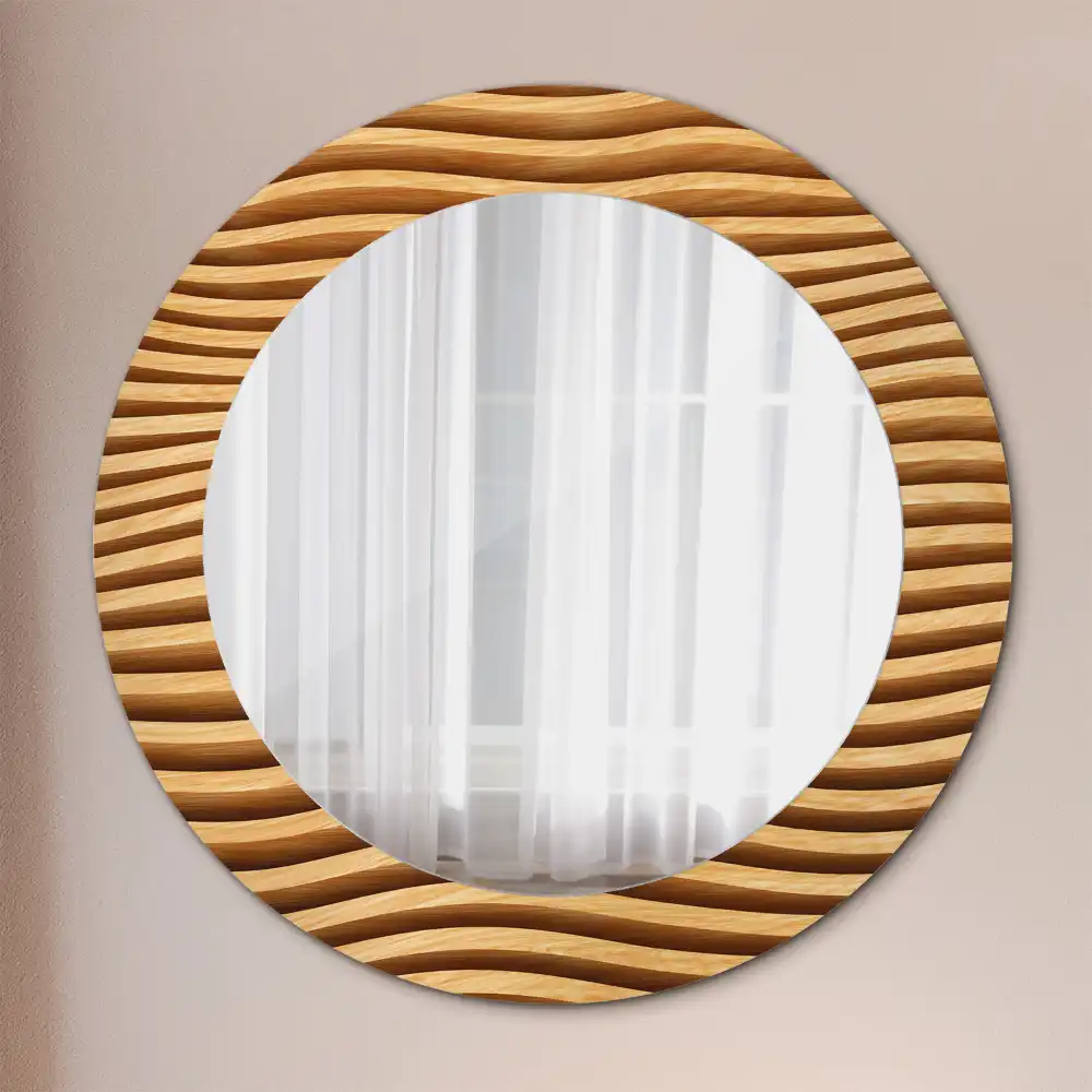 Miroir rond cadre imprimé vague en bois