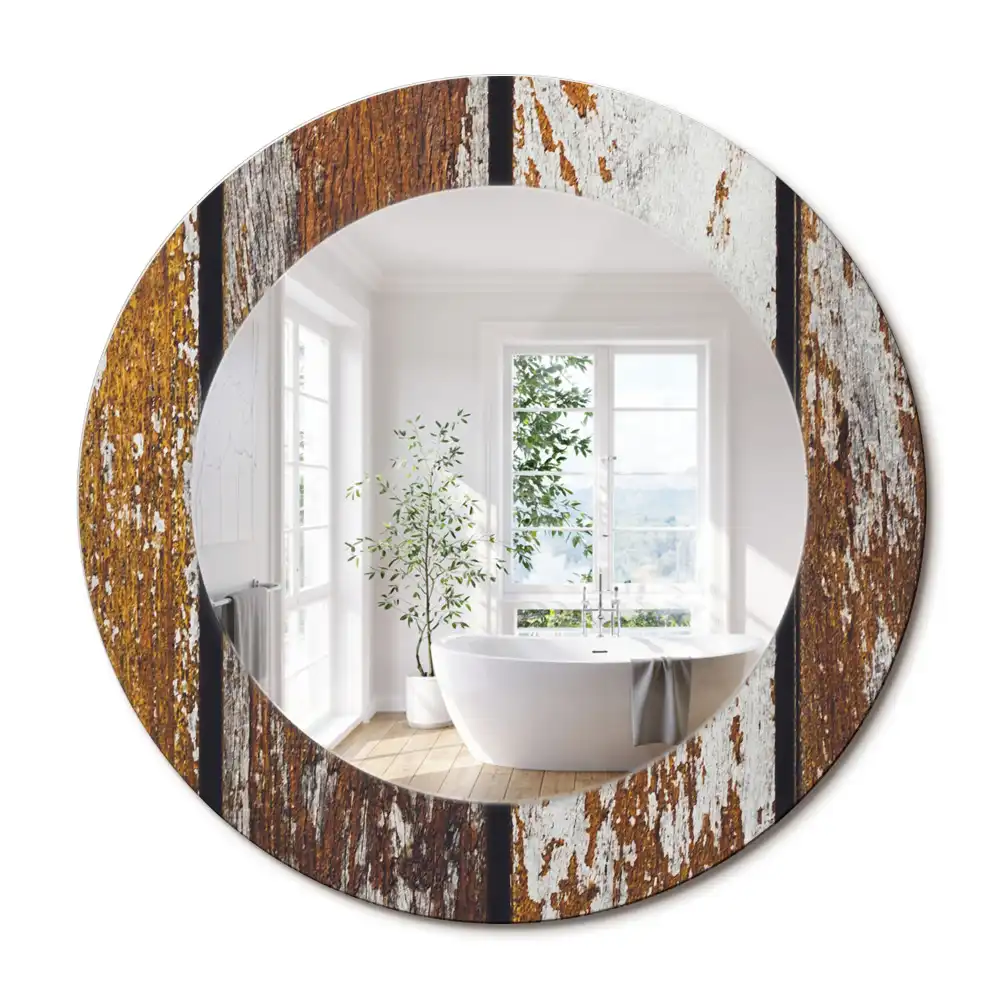 Miroir rond avec décoration bois sombre patiné