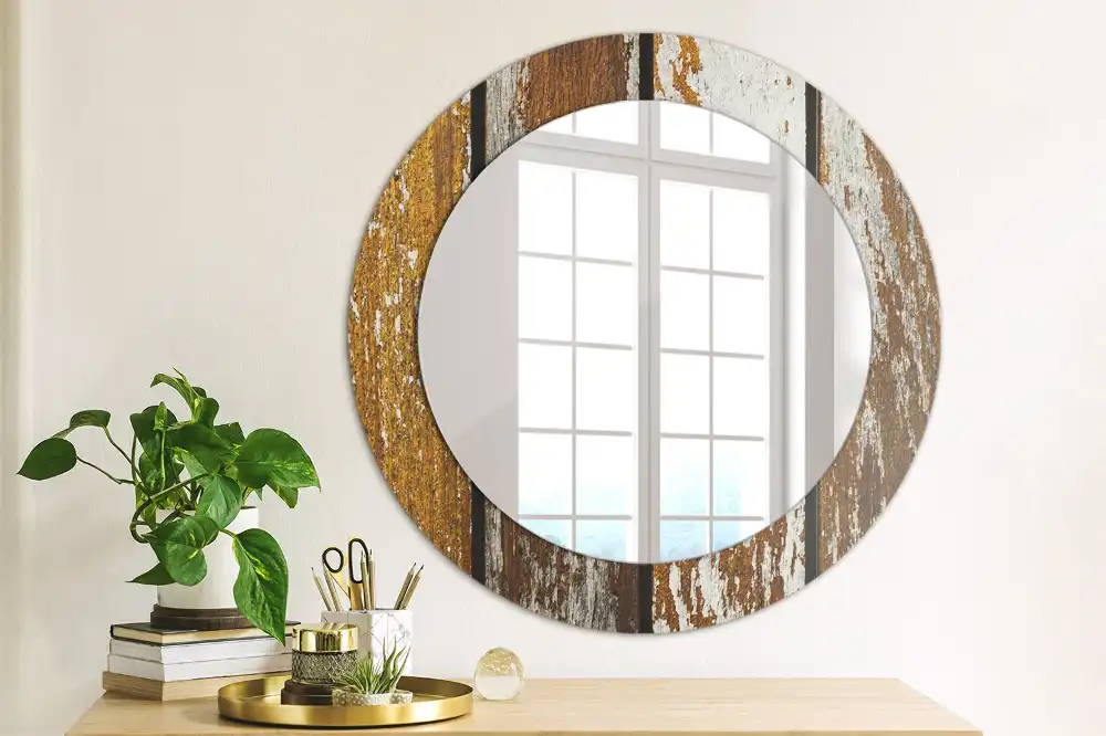 Miroir rond avec décoration bois sombre patiné