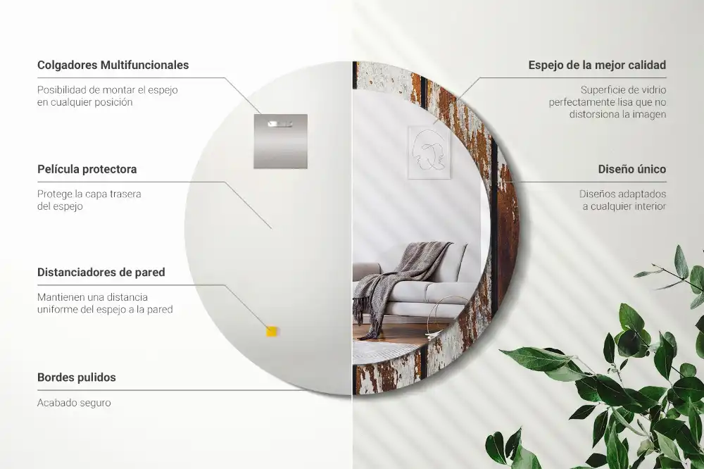 Miroir rond avec décoration bois sombre patiné