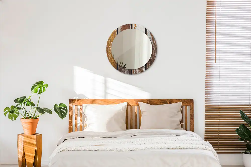 Miroir rond avec décoration bois sombre patiné