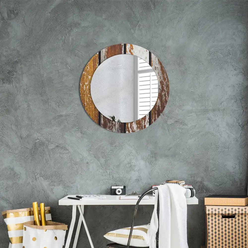 Miroir rond avec décoration bois sombre patiné