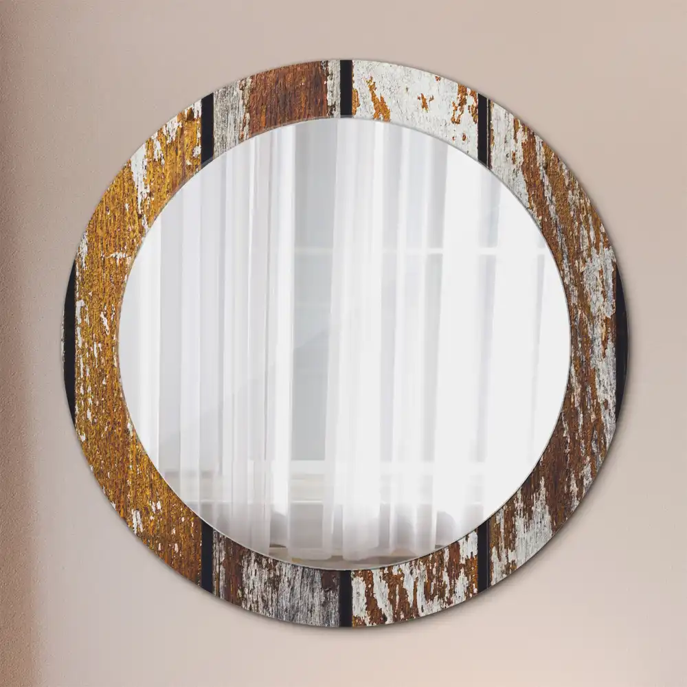 Miroir rond avec décoration bois sombre patiné