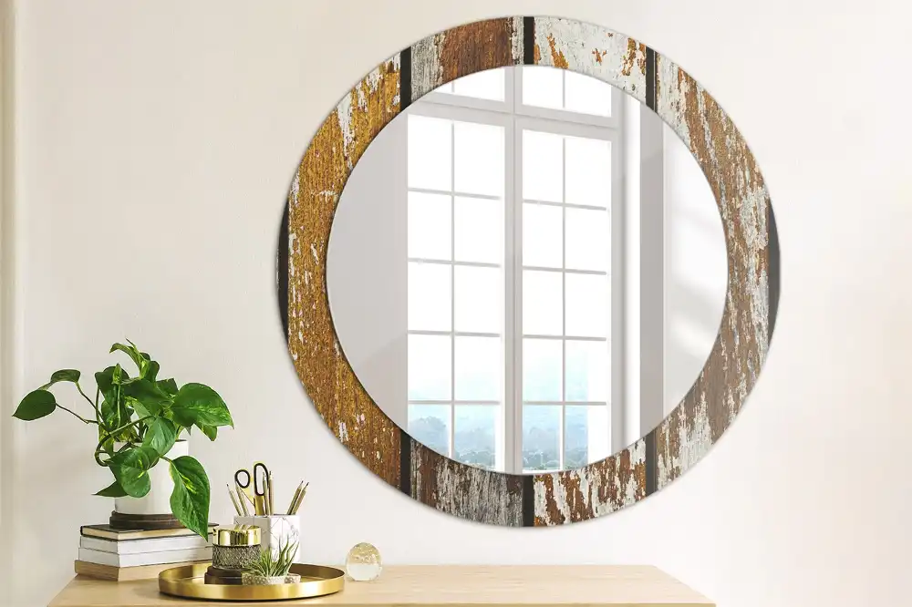 Miroir rond avec décoration bois sombre patiné
