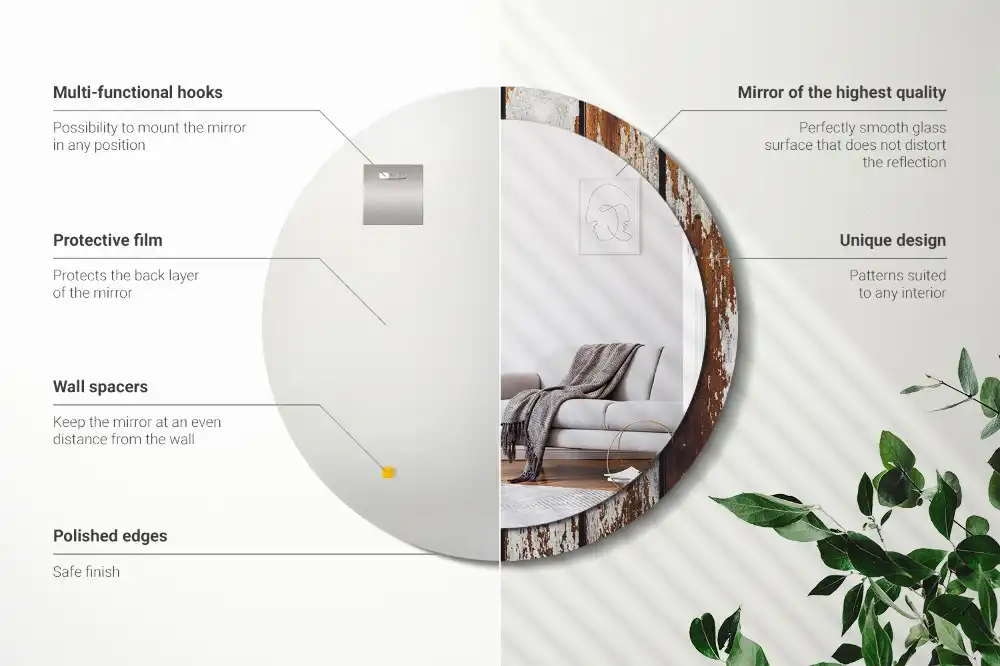 Miroir rond avec décoration bois sombre patiné