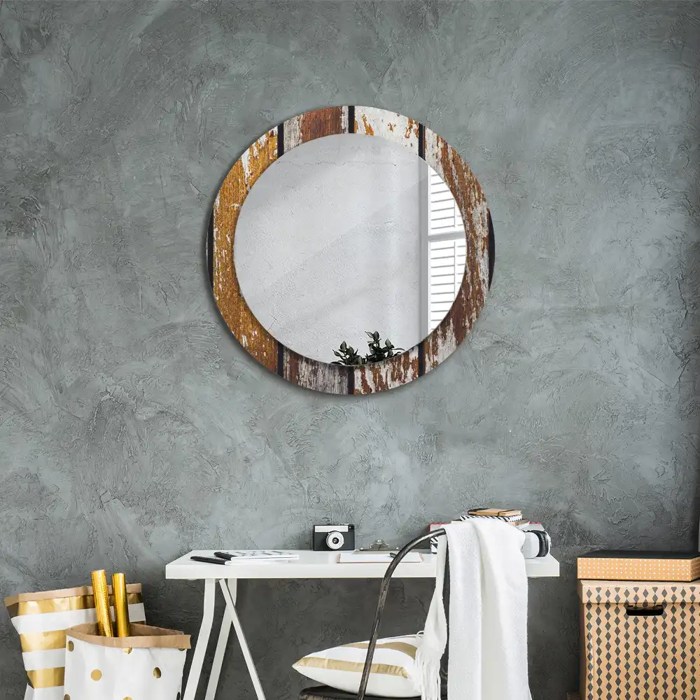 Miroir rond avec décoration bois sombre patiné