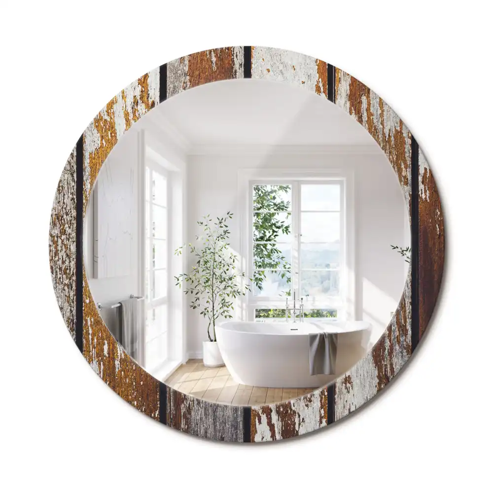 Miroir rond avec décoration bois sombre patiné