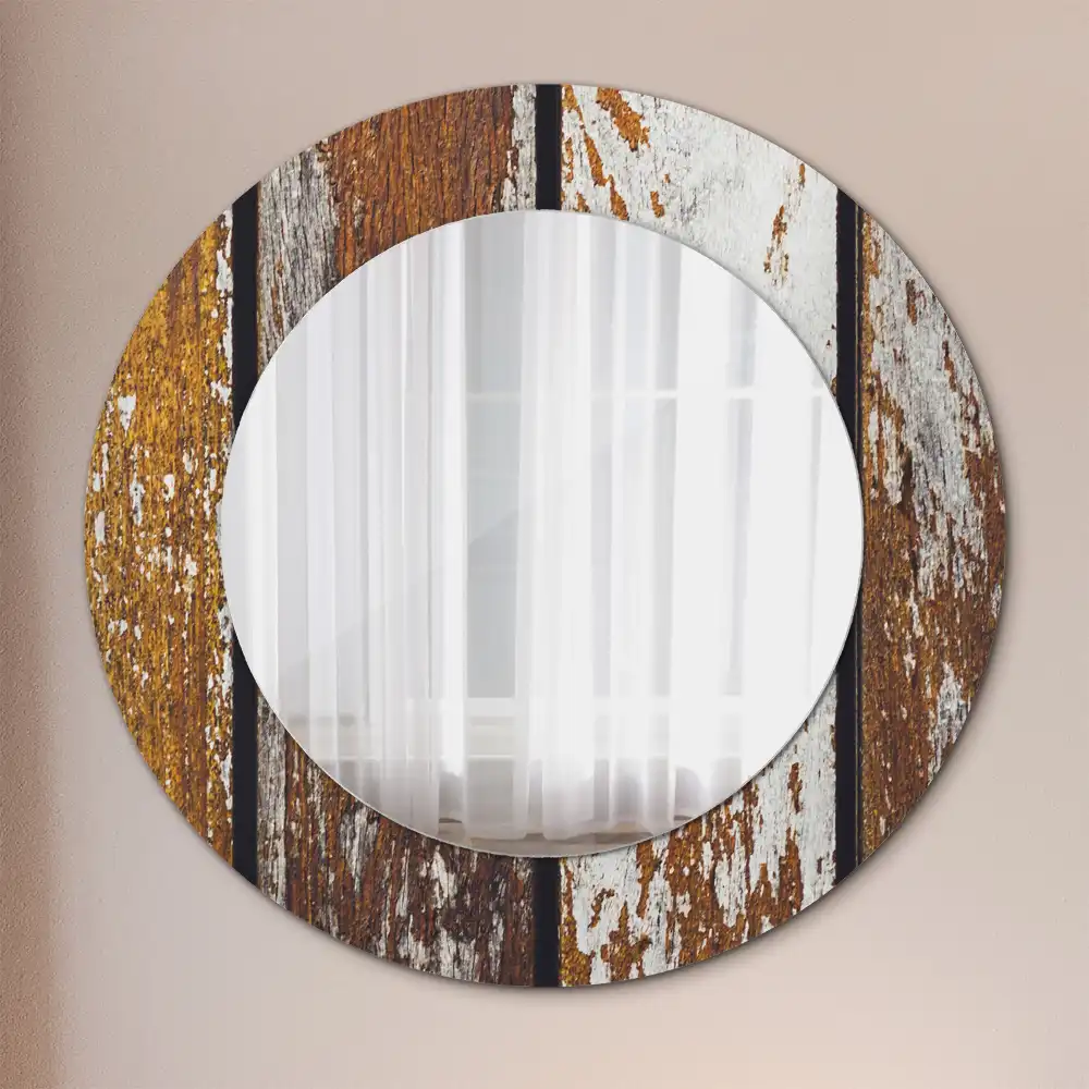 Miroir rond avec décoration bois sombre patiné
