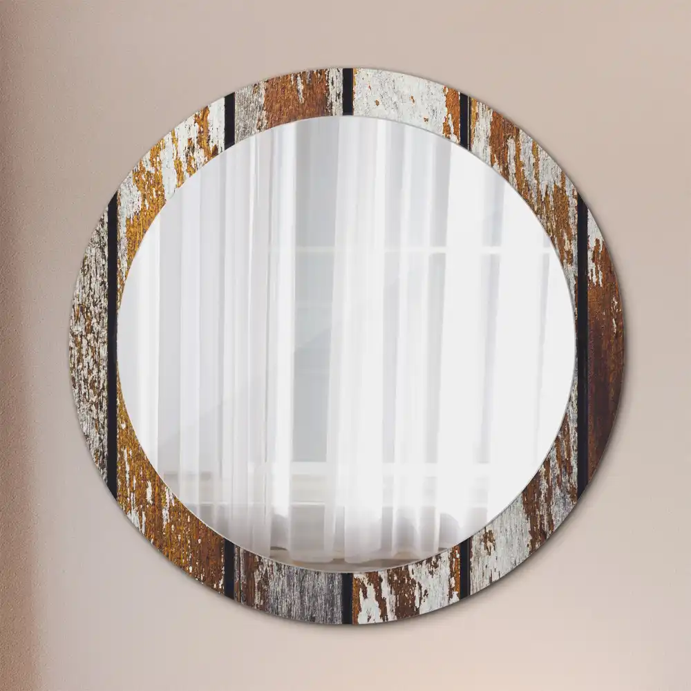Miroir rond avec décoration bois sombre patiné