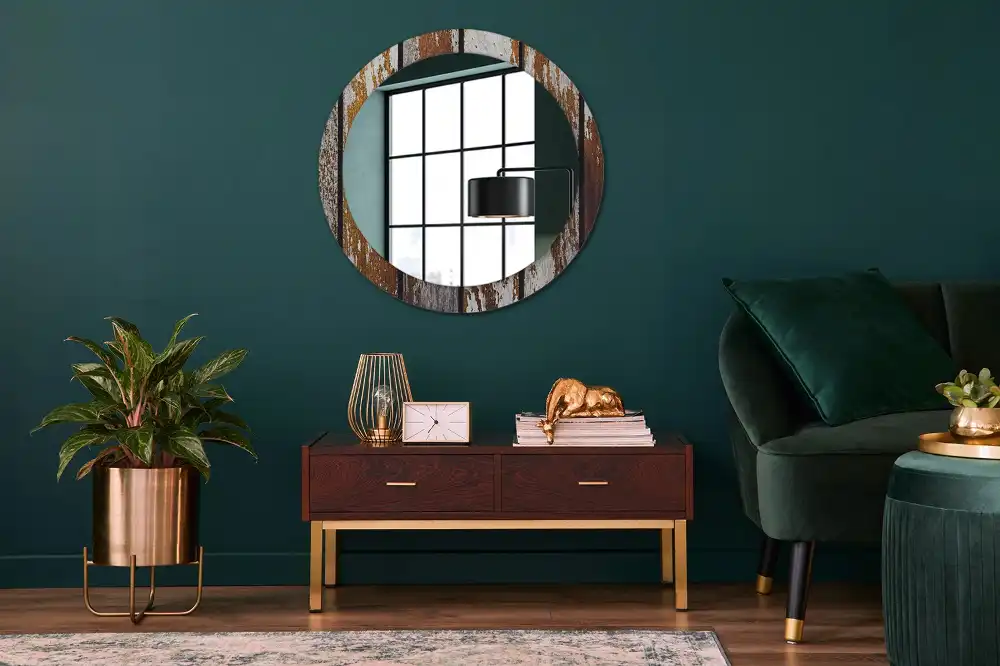 Miroir rond avec décoration bois sombre patiné