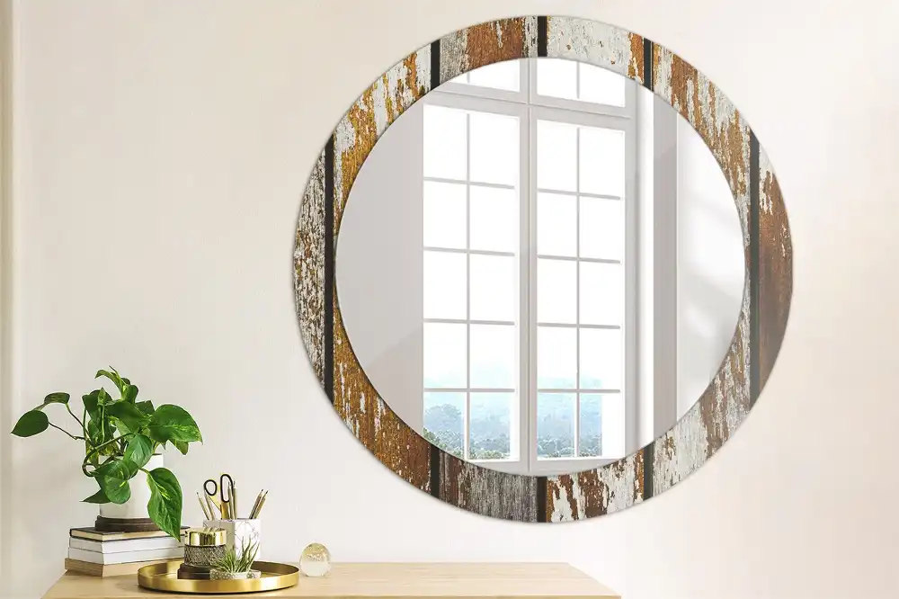 Miroir rond avec décoration bois sombre patiné
