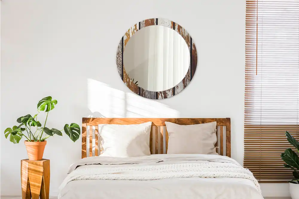 Miroir rond avec décoration bois sombre patiné