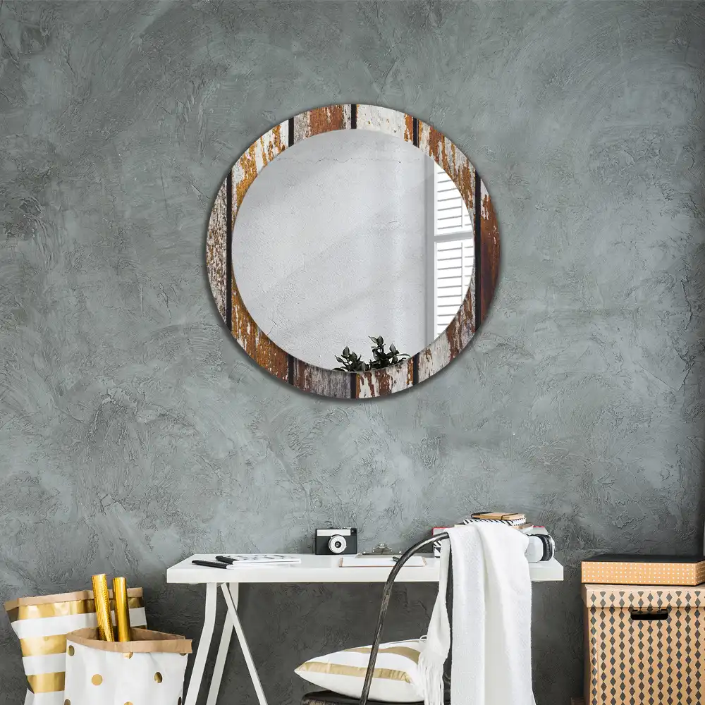 Miroir rond avec décoration bois sombre patiné