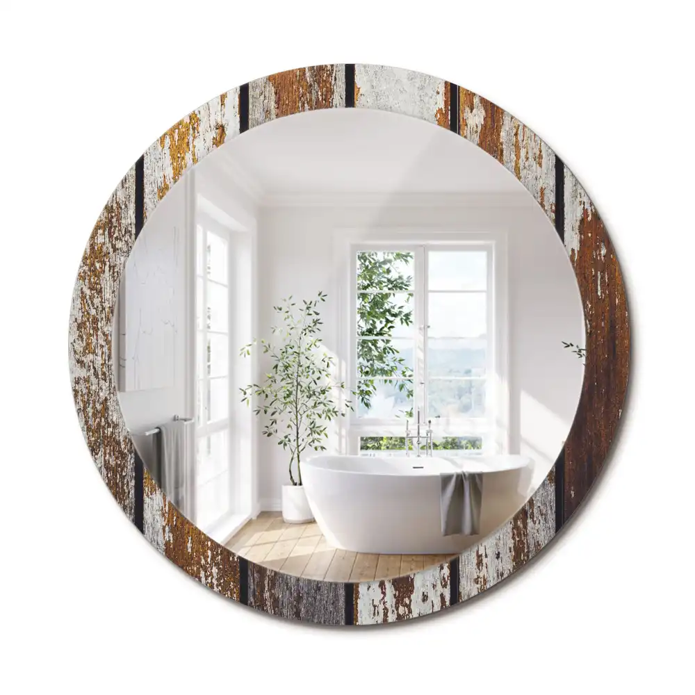 Miroir rond avec décoration bois sombre patiné
