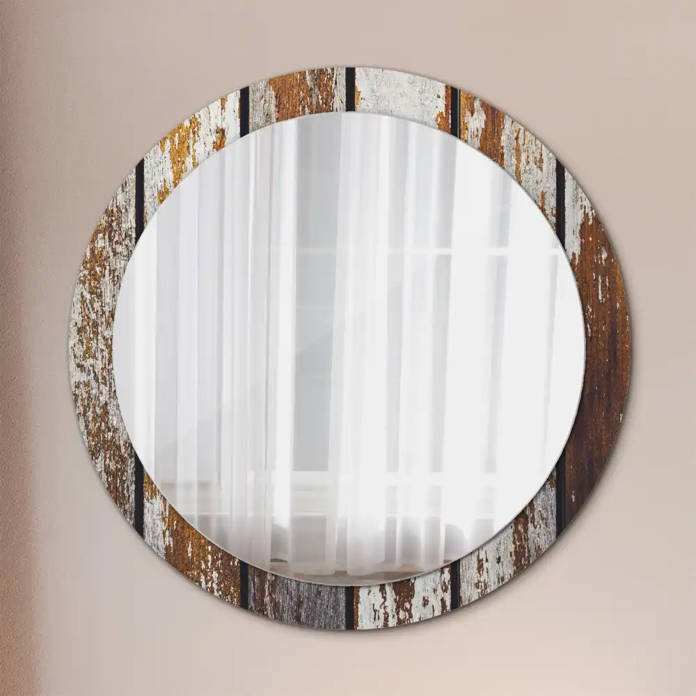 Miroir rond avec décoration bois sombre patiné