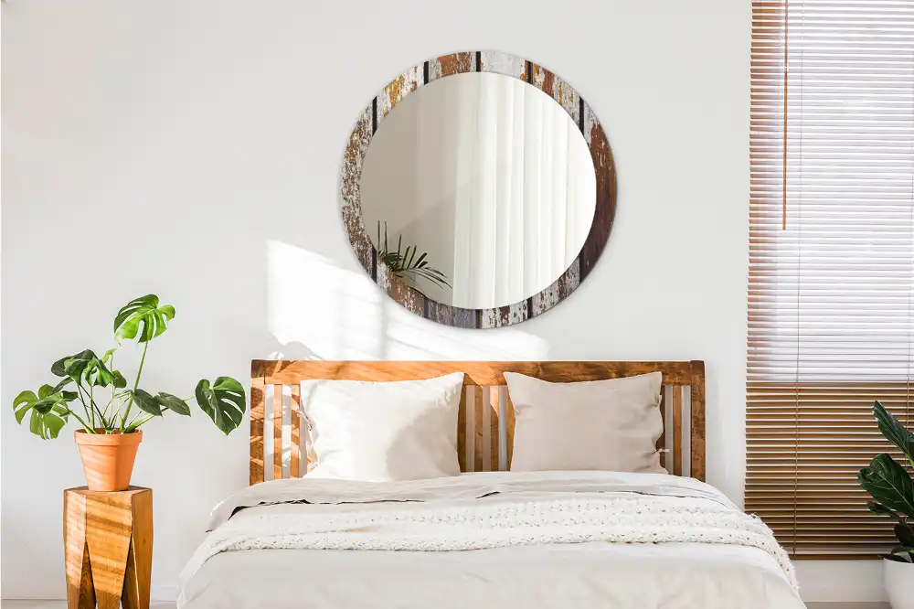 Miroir rond avec décoration bois sombre patiné