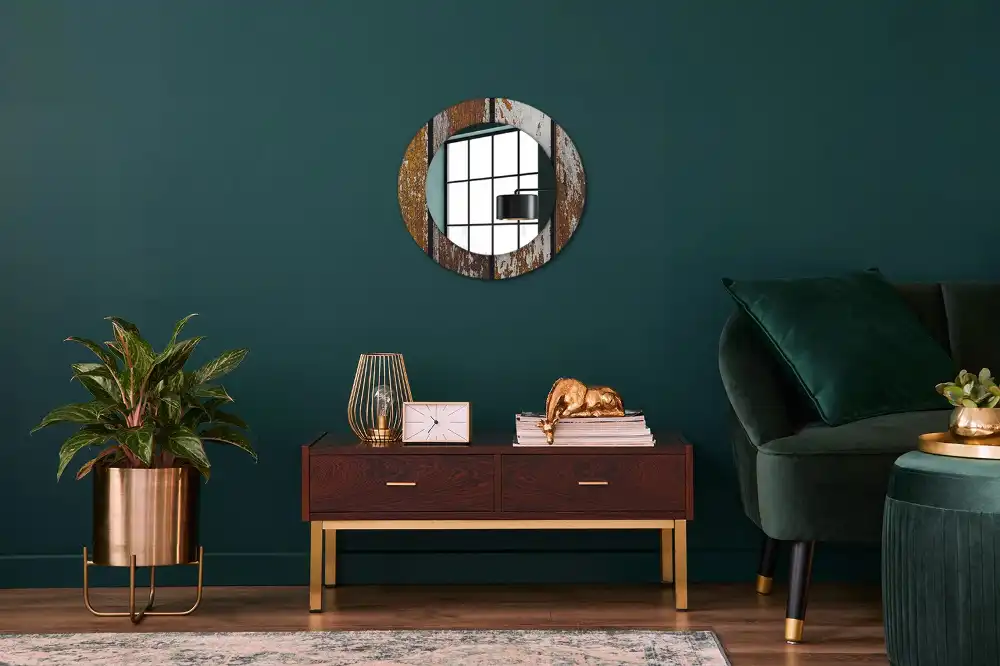Miroir rond avec décoration bois sombre patiné