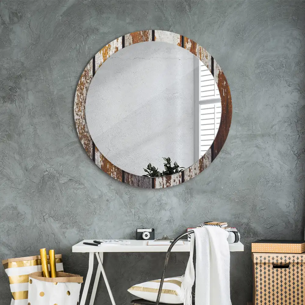 Miroir rond avec décoration bois sombre patiné