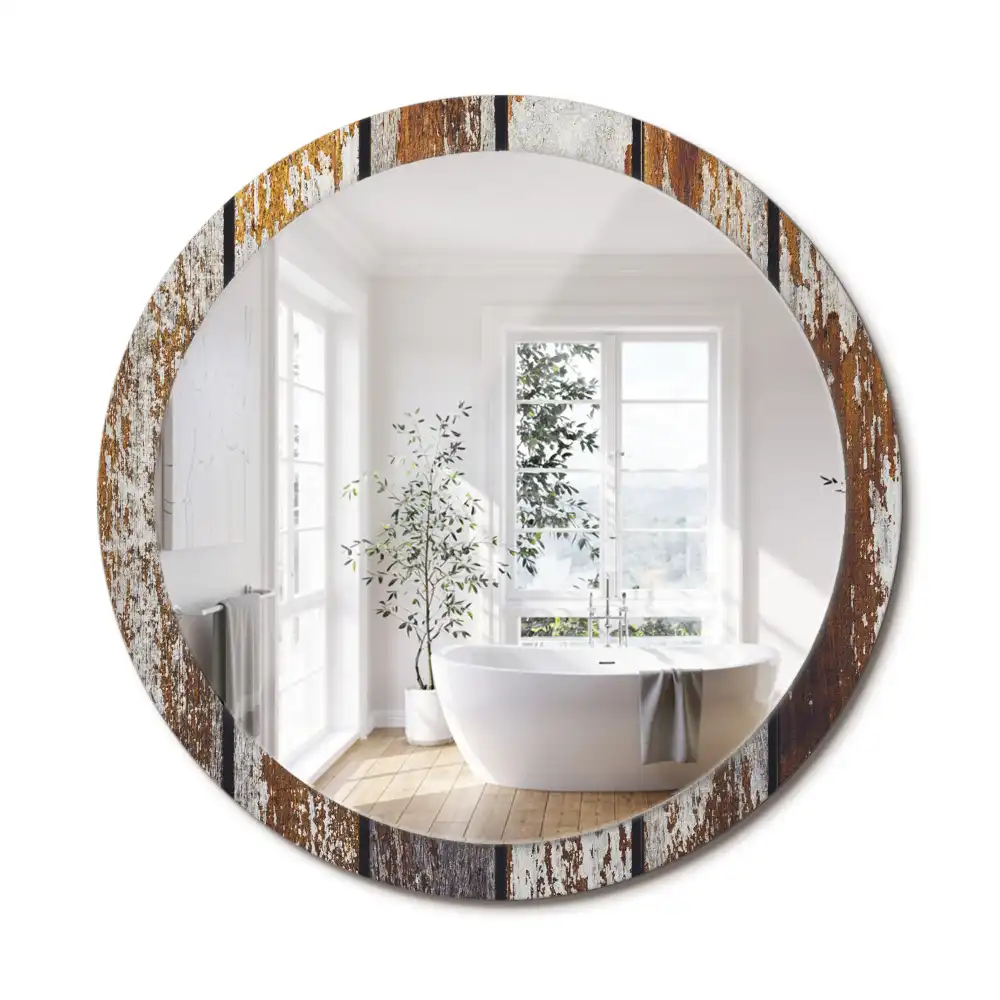 Miroir rond avec décoration bois sombre patiné