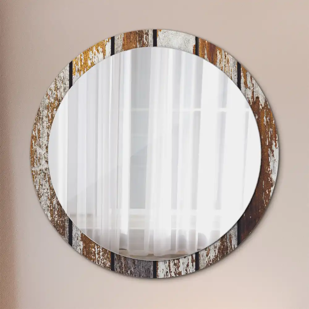 Miroir rond avec décoration bois sombre patiné