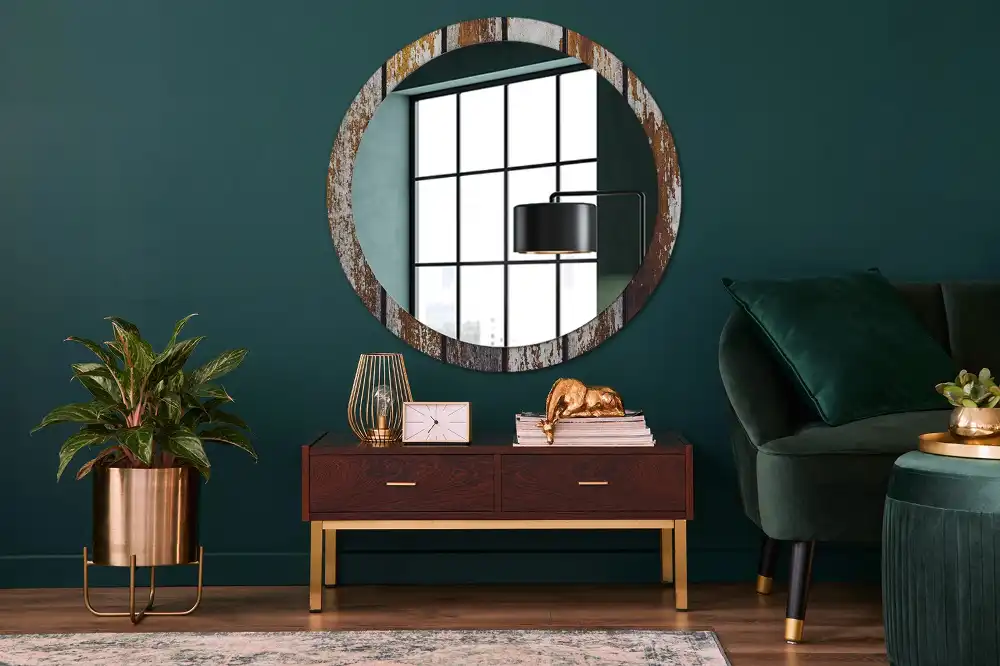 Miroir rond avec décoration bois sombre patiné