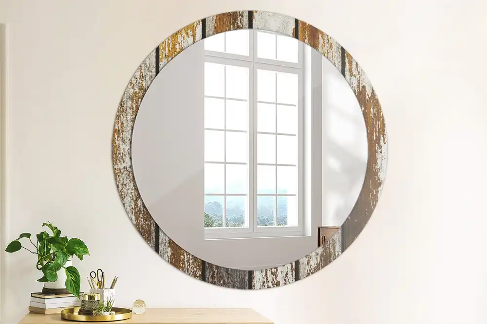 Miroir rond avec décoration bois sombre patiné