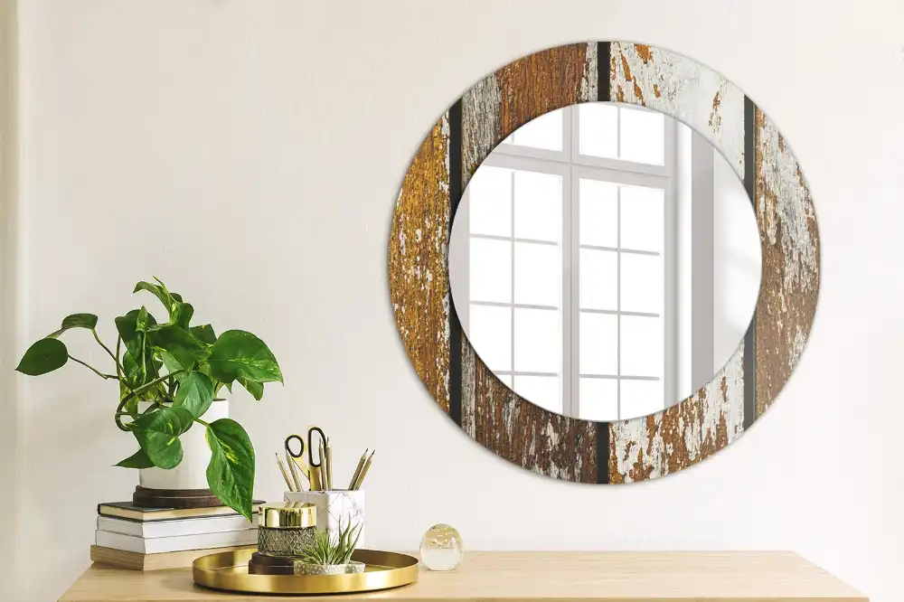 Miroir rond avec décoration bois sombre patiné