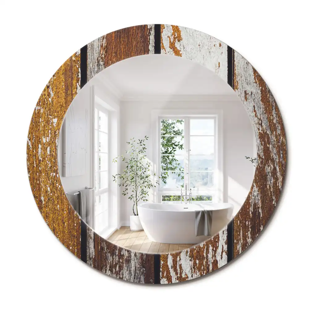 Miroir rond avec décoration bois sombre patiné
