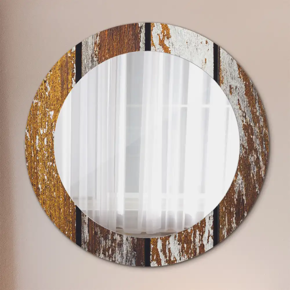 Miroir rond avec décoration bois sombre patiné