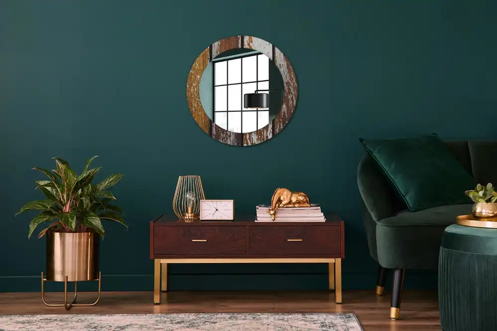 Miroir rond avec décoration bois sombre patiné