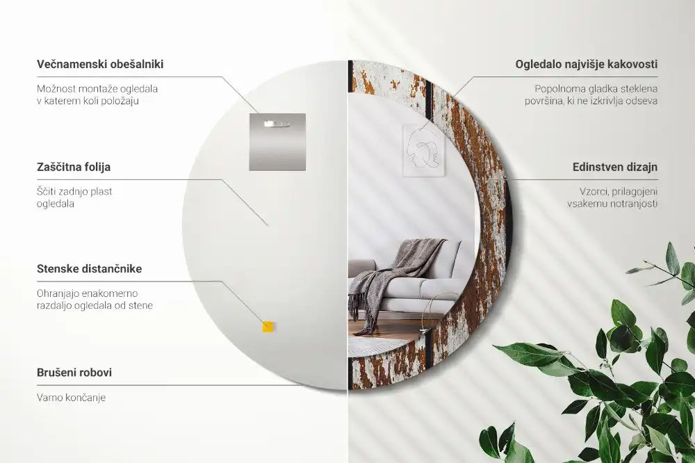 Miroir rond avec décoration bois sombre patiné