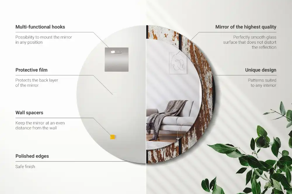 Miroir rond avec décoration bois sombre patiné