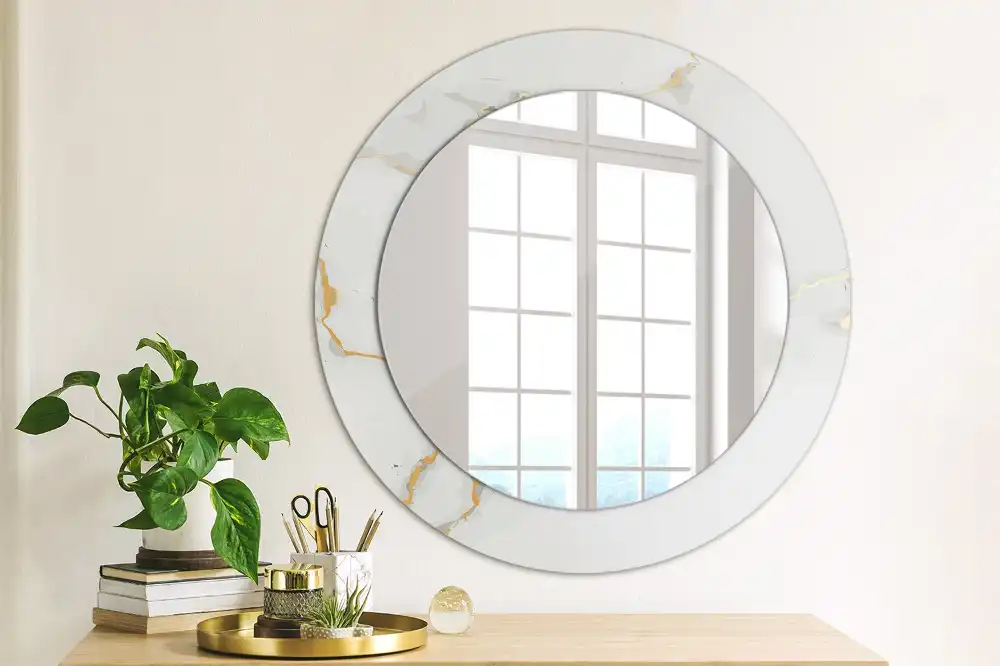 Miroir rond cadre imprimé marbrure blanche