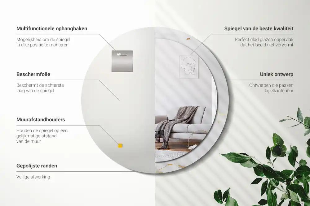 Miroir rond cadre imprimé marbrure blanche
