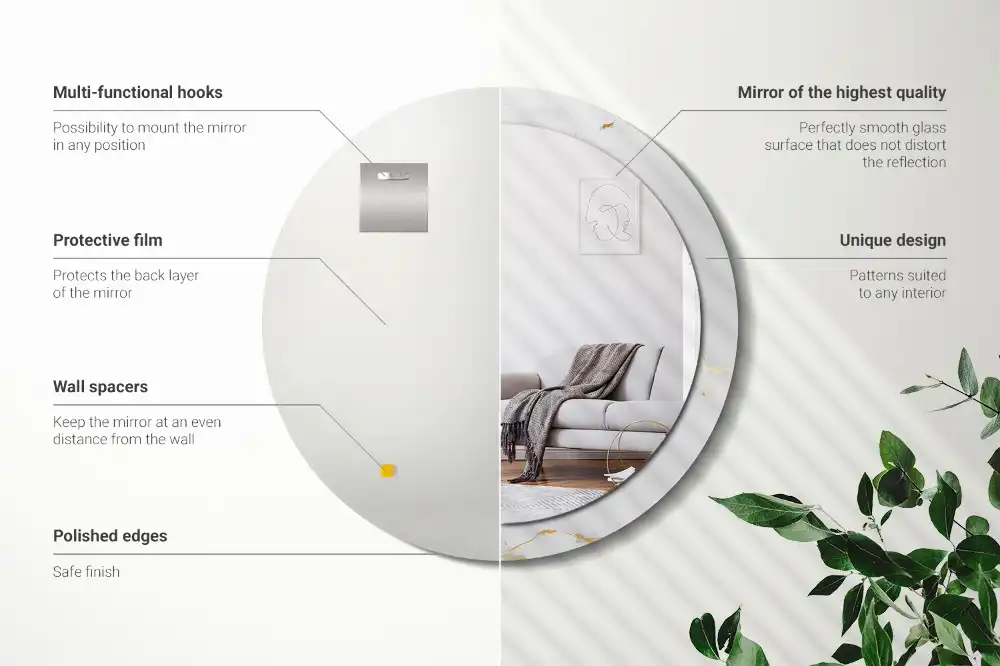 Miroir rond cadre imprimé marbrure blanche