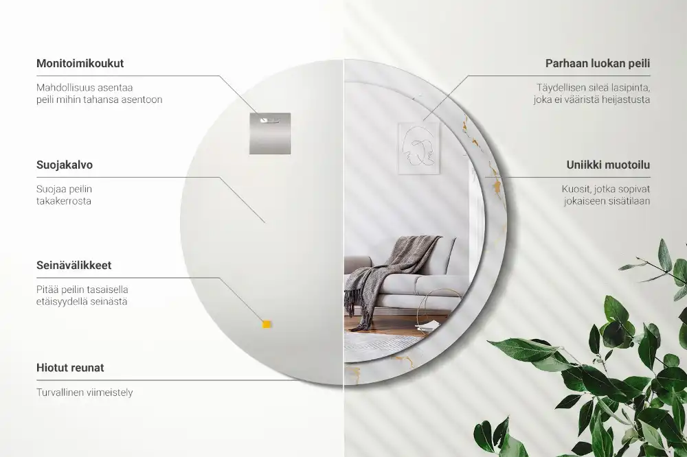 Miroir rond cadre imprimé marbrure blanche