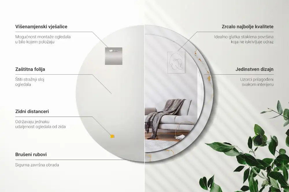 Miroir rond cadre imprimé marbrure blanche