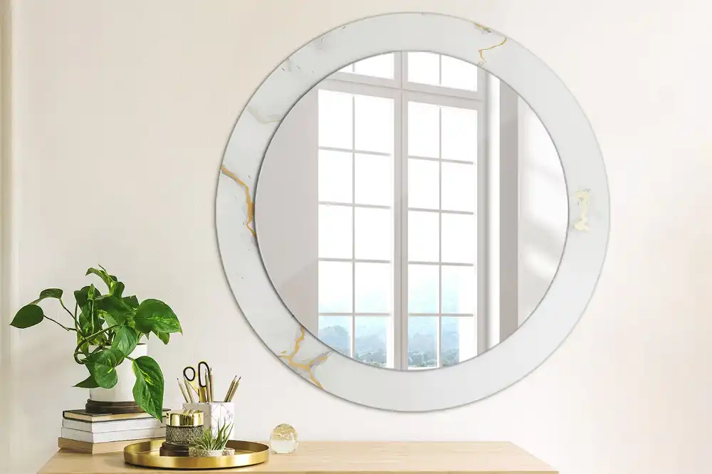 Miroir rond cadre imprimé marbrure blanche