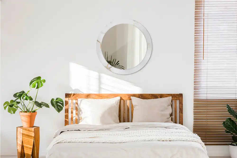 Miroir rond cadre imprimé marbrure blanche