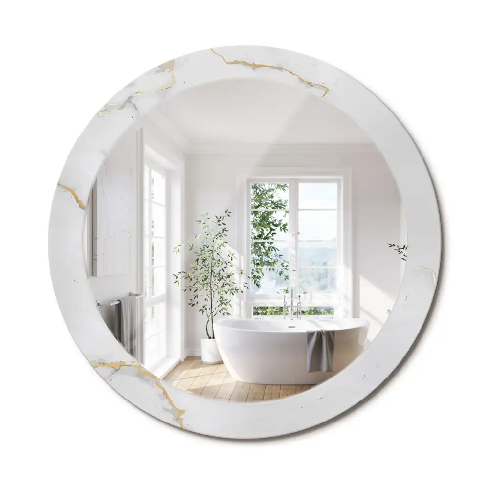 Miroir rond cadre imprimé marbrure blanche