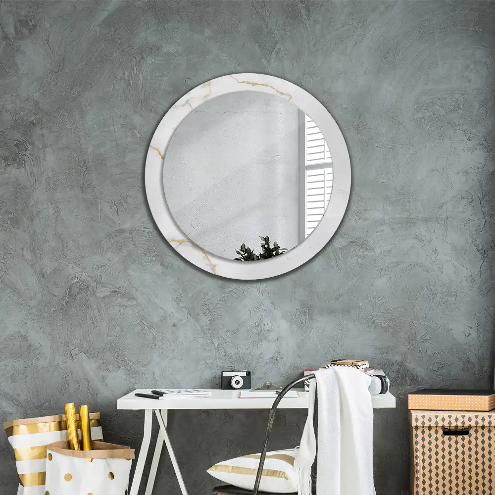 Miroir rond cadre imprimé marbrure blanche