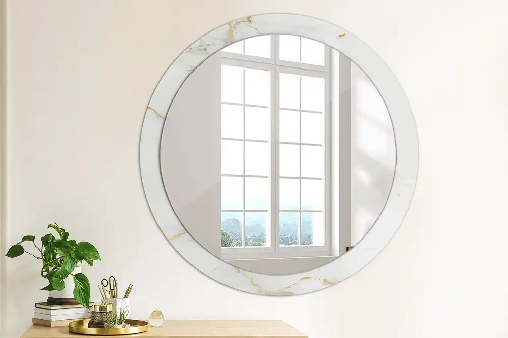 Miroir rond cadre imprimé marbrure blanche