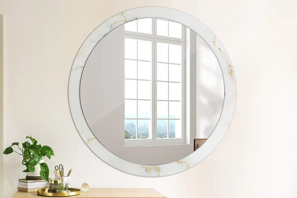 Miroir rond cadre imprimé marbrure blanche